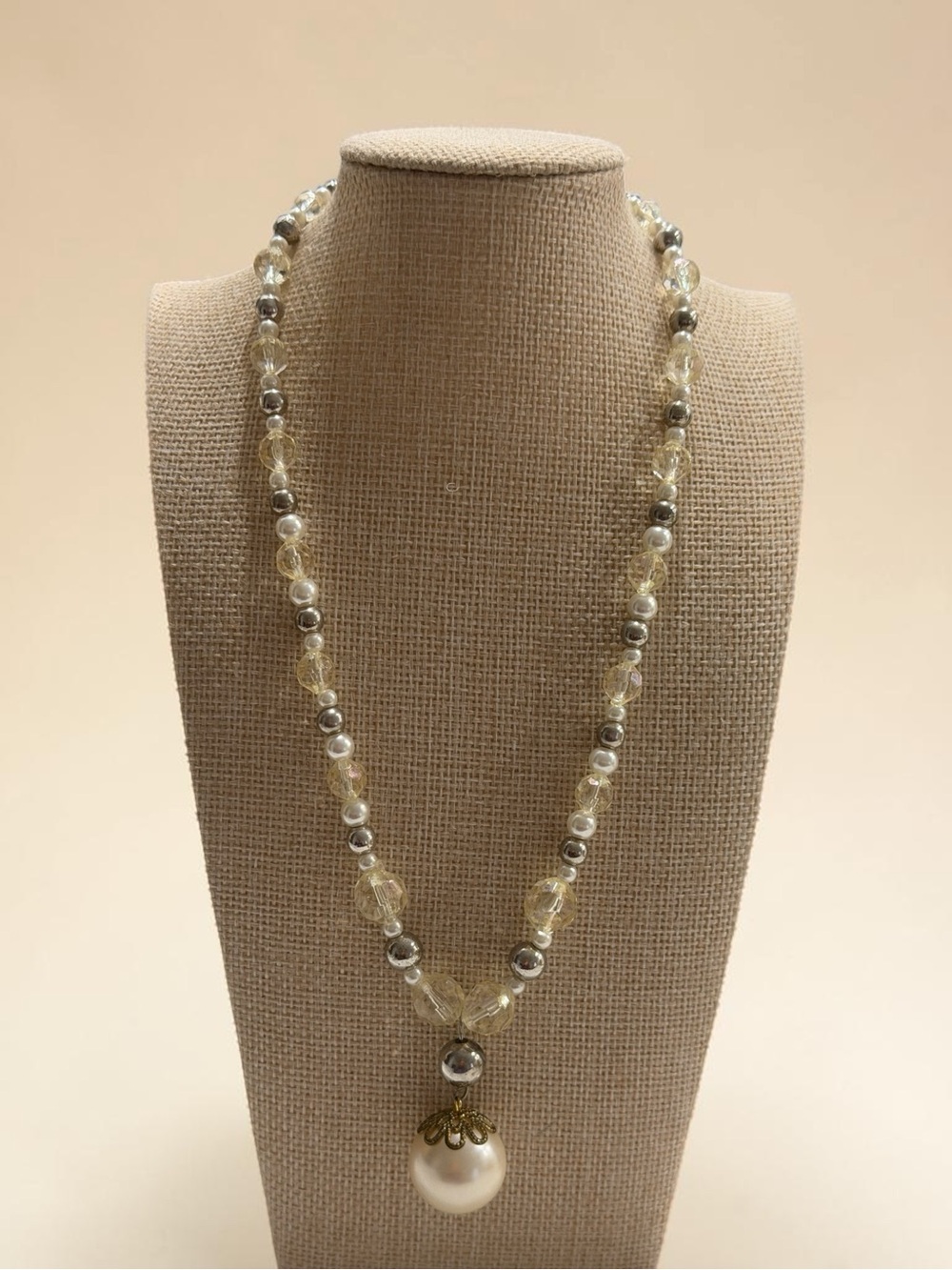Elegant Silver Beaded Necklace with Faux Pearl Drop